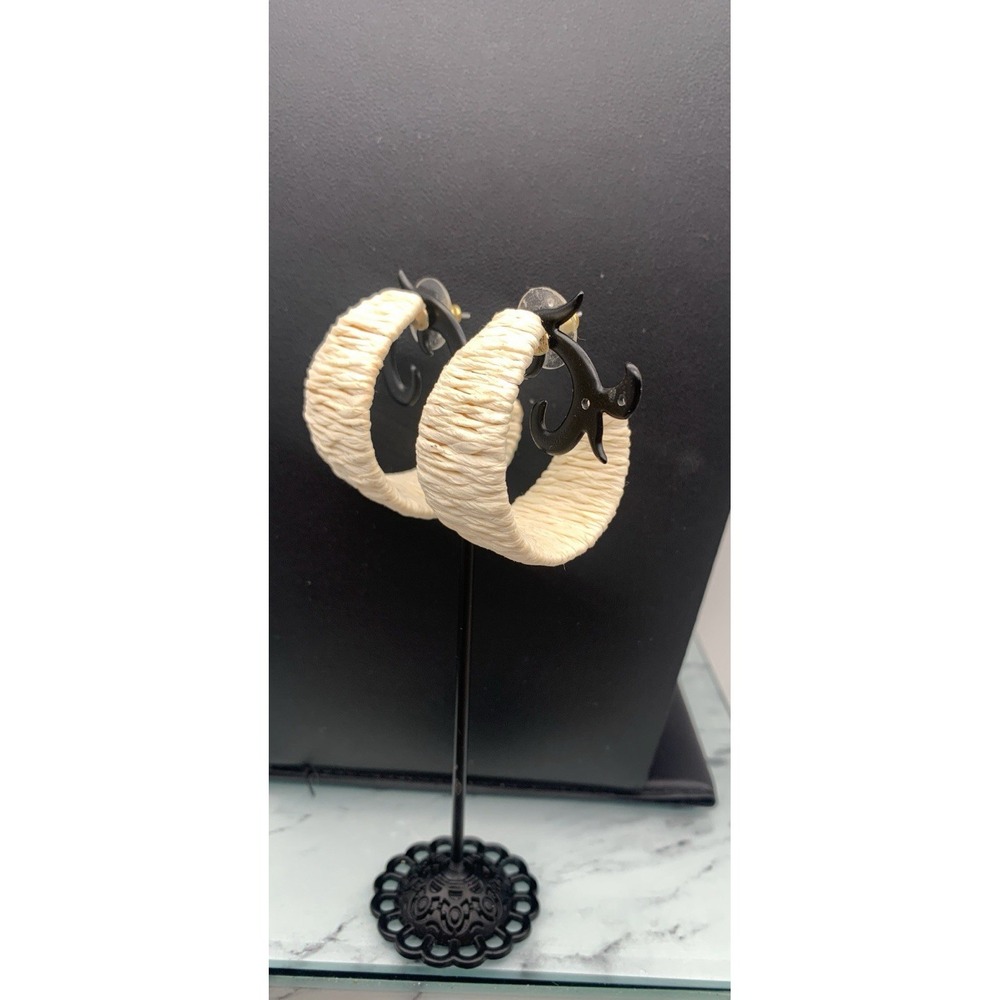 Wide Raffia Cream Colored Hoop Earrings